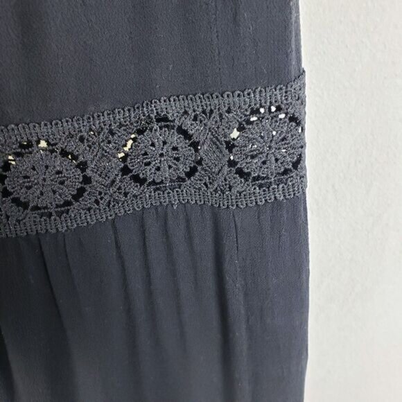 Boho Floral Embroidery Duster Kimono Womens M Black Buttoned Waist Peasant Lace - Picture 6 of 10